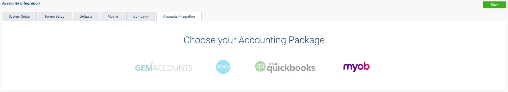 A screenshot of the available cloud accounting packages to select to integrate with in Simpro Premium.