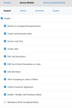 A screenshot of 'Mandatory Work Completed Notes' option in Simpro Mobile security groups.
