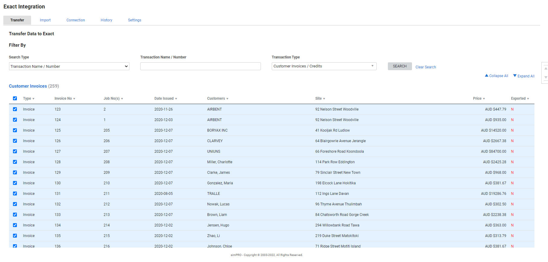 A screenshot of the Transfer tab in the accounting link.