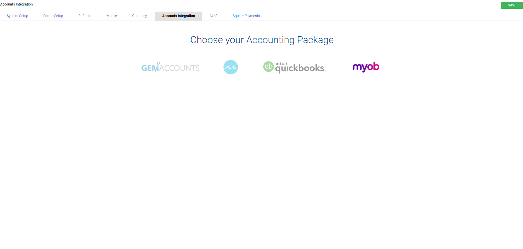 A screenshot of the available cloud accounting packages to select to integrate with in Simpro Premium.