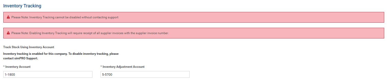 A screenshot of the Inventory Tracking page with two red warnings and two text boxes.