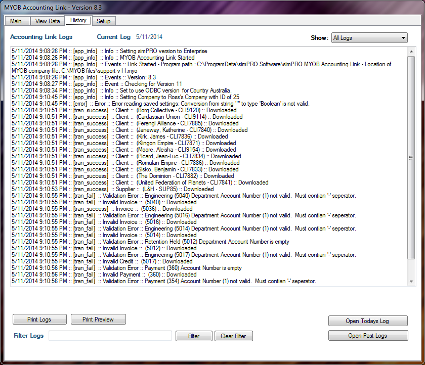A screenshot of the History tab in the accounting link.