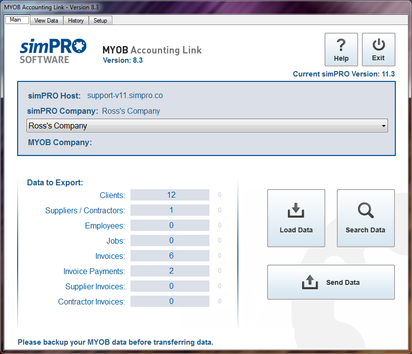 A screenshot of the Main tab in the accounting link.