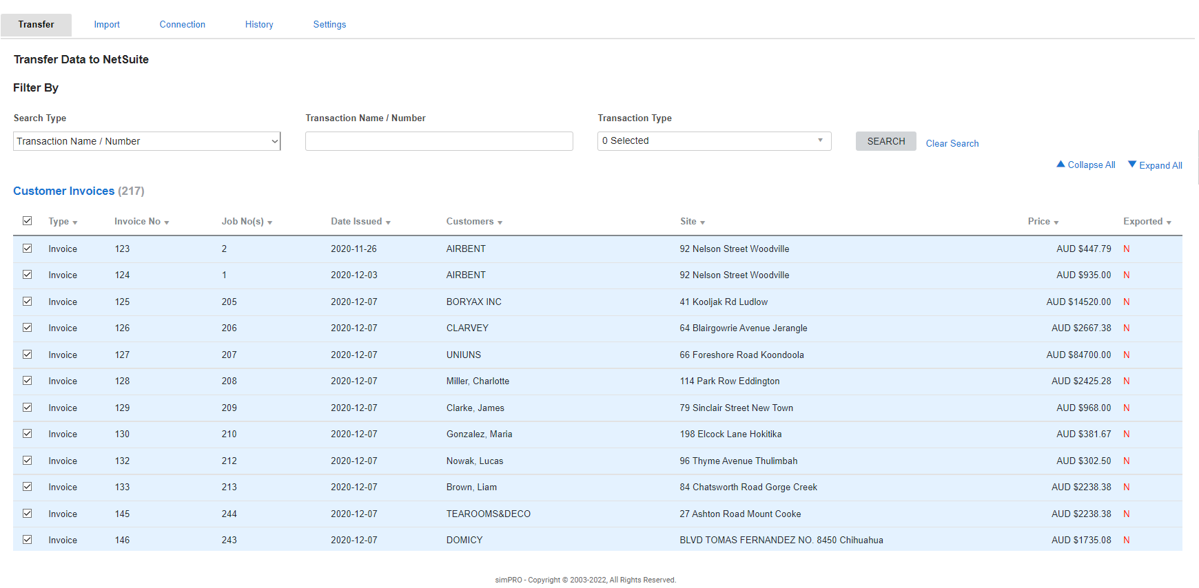 A screenshot of the available cloud accounting packages to select to integrate with in Simpro Premium.