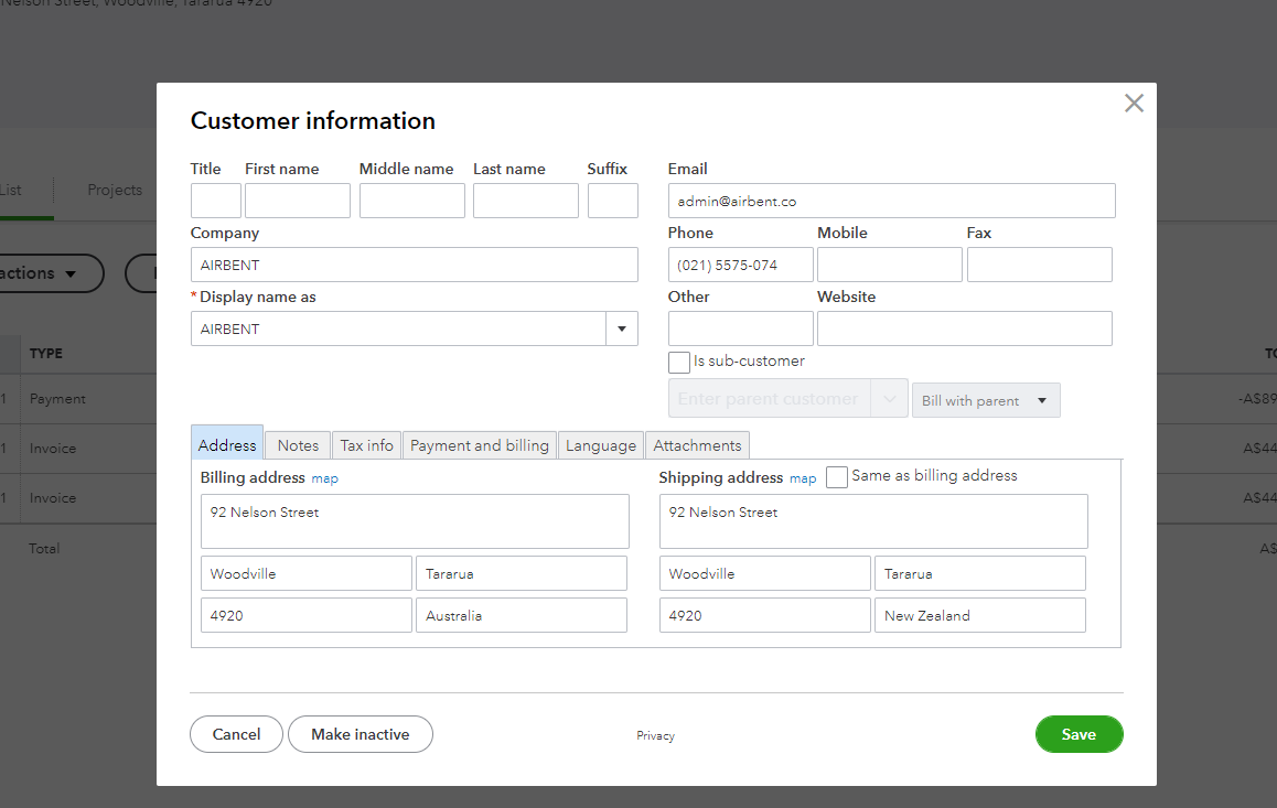 A screenshot of a customer contact card in QuickBooks Online with an individual customer's details formatted correctly.