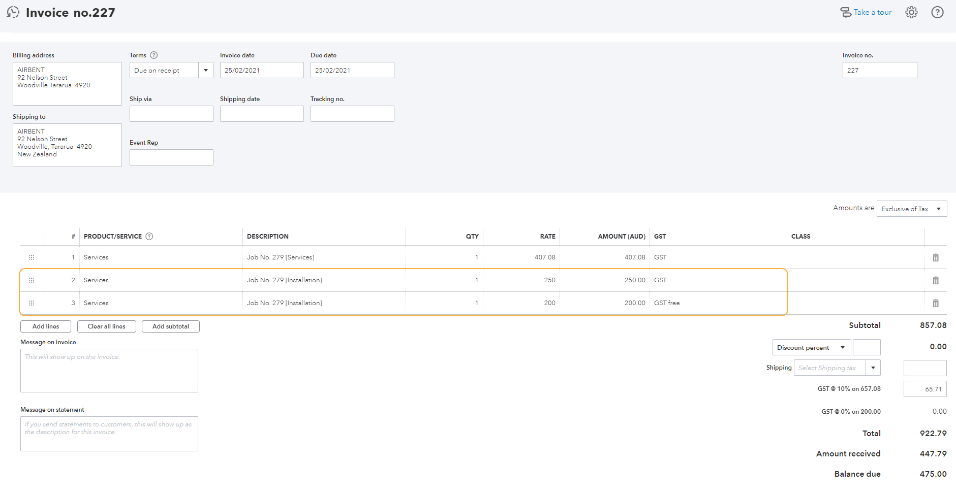 A screenshot of invoices in QuickBooks Online.