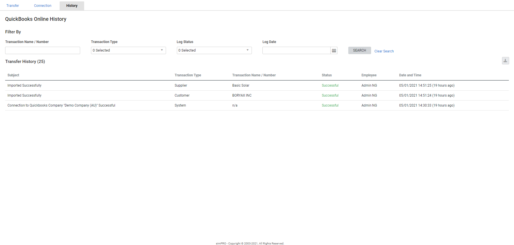 A screenshot of the QuickBooks Online accounting link history in Simpro Premium.