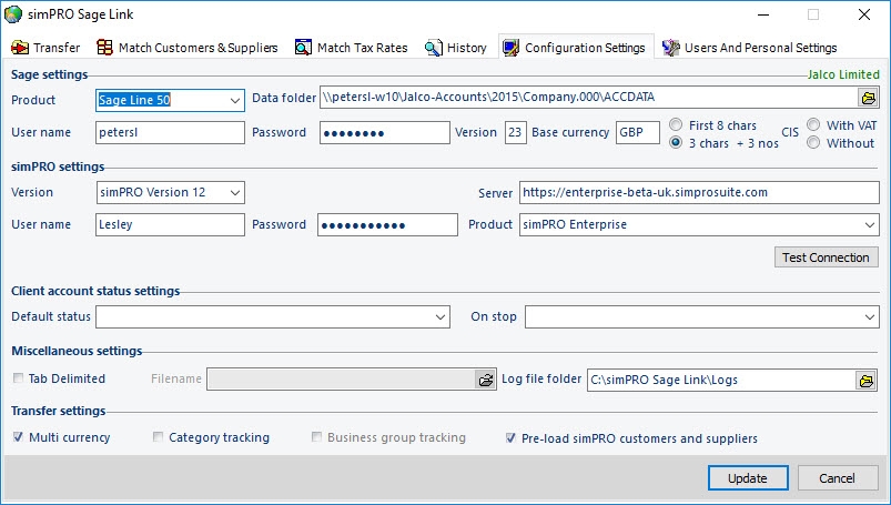 A screenshot of the Configuration Settings tab.