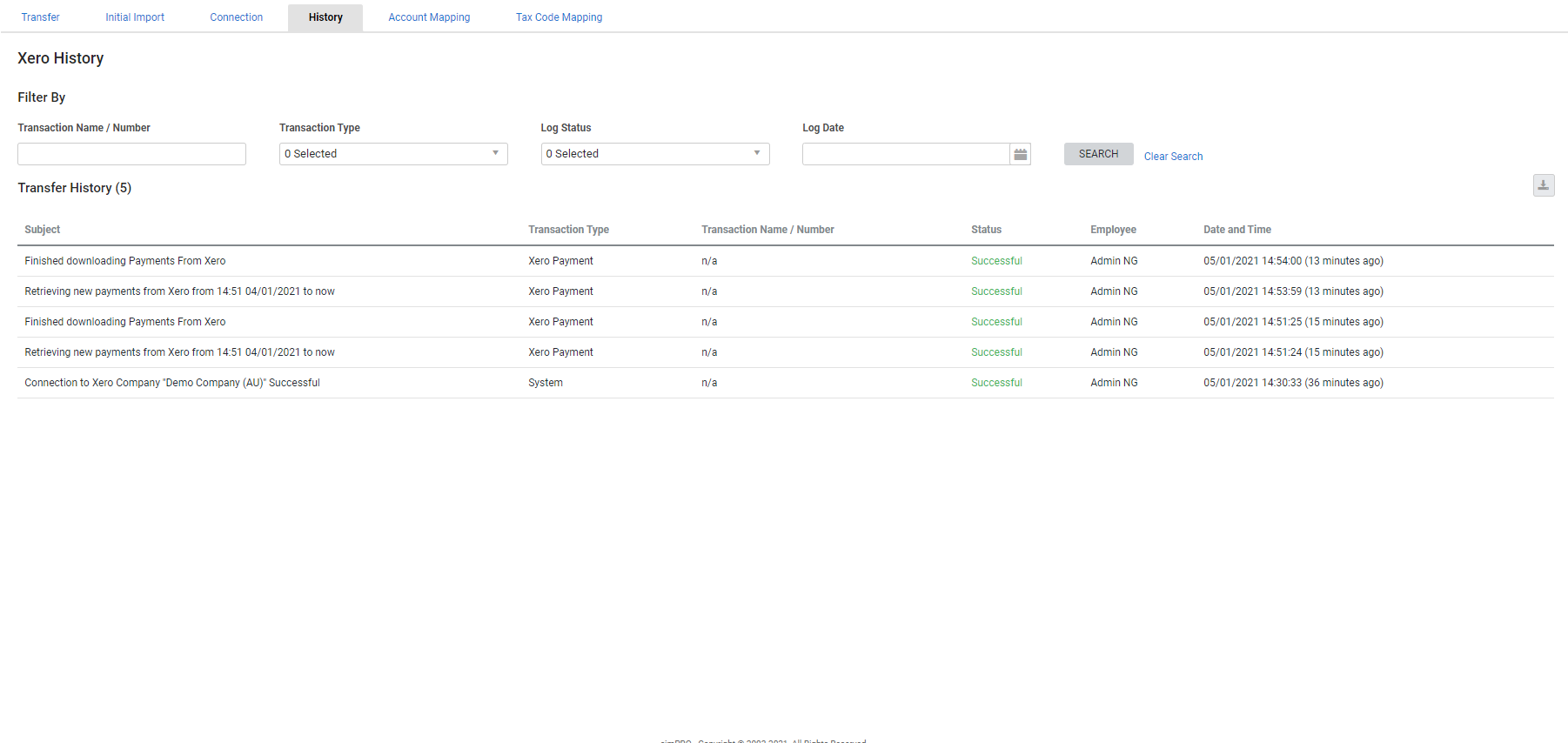 A screenshot of the History tab in the accounting link.
