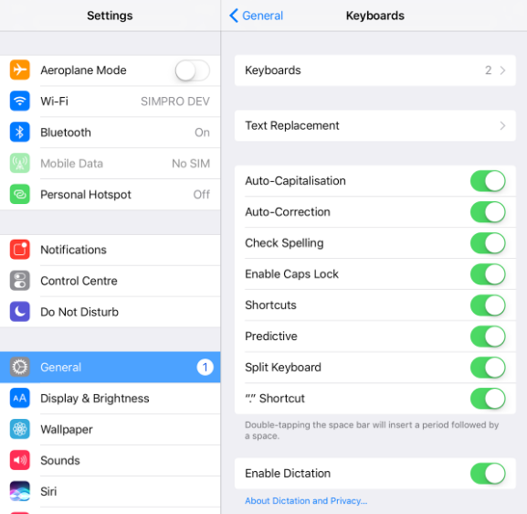 A screenshot of toggle buttons in iOS settings that enable dictation.