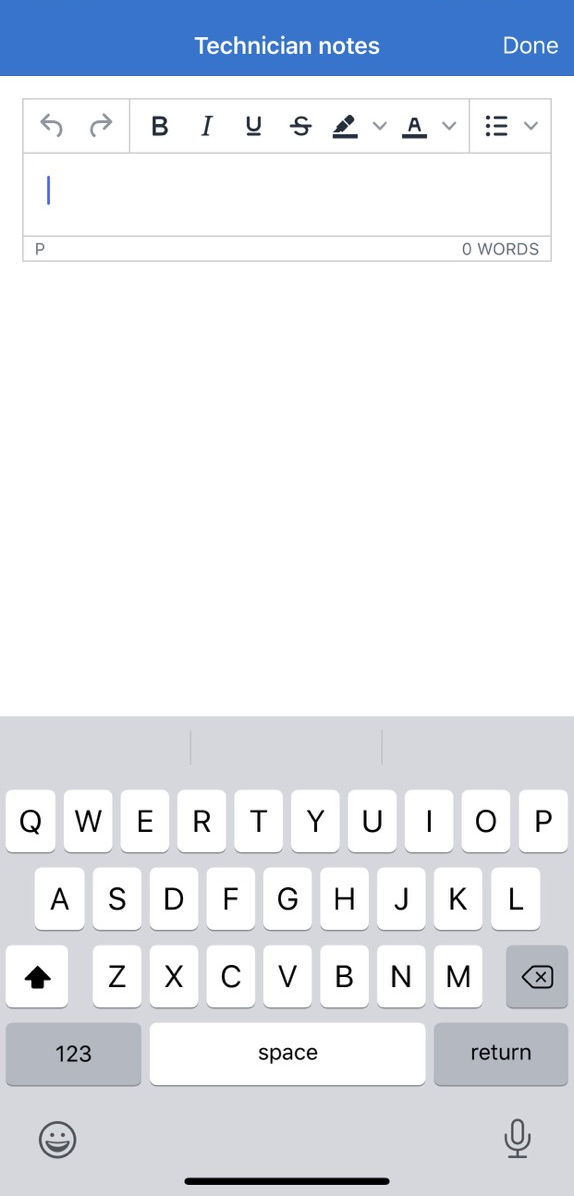 A screenshot of the app screen with a microphone available on the keyboard.