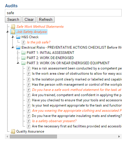 A screenshot of the audit navigation tree with search word occurrences highlighted in orange.