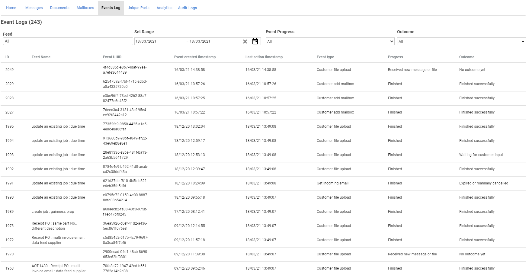 A screenshot of the Events tab.