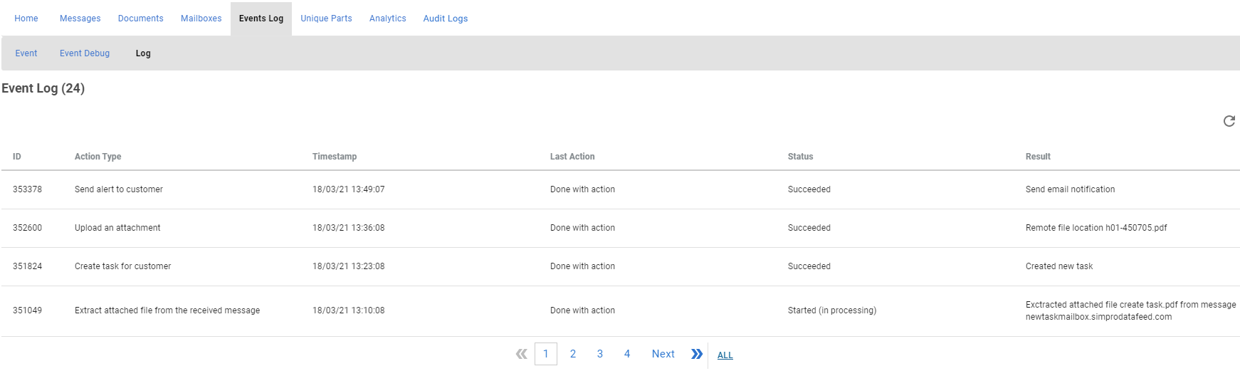 A screenshot of an individual event log table.