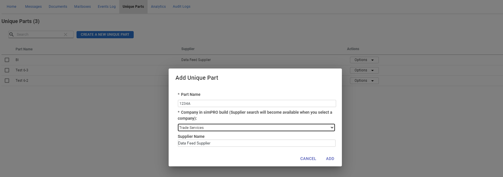 A screenshot of a unique part number being created.