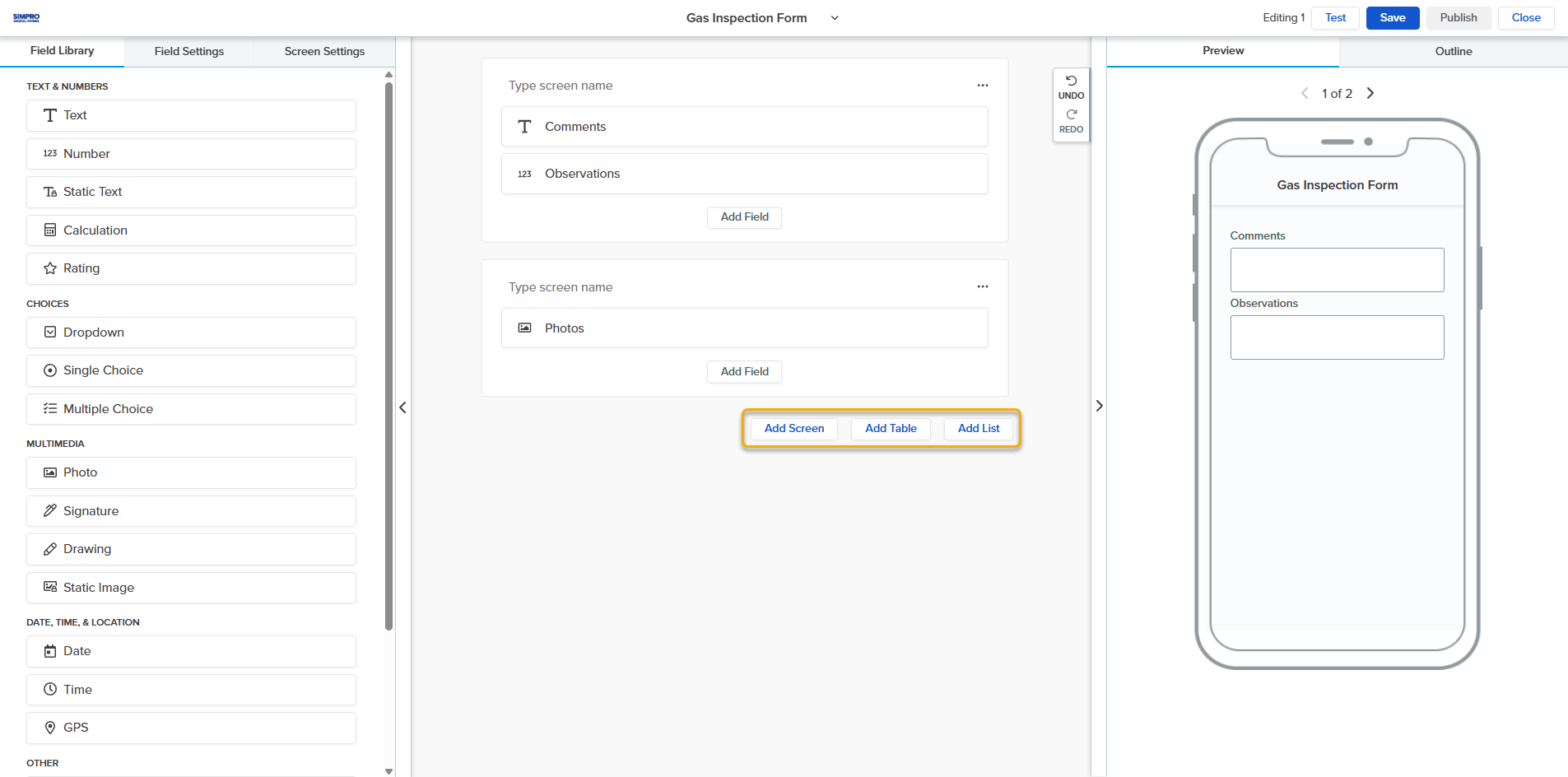 A screenshot of the Add Screen and Add Table options.
