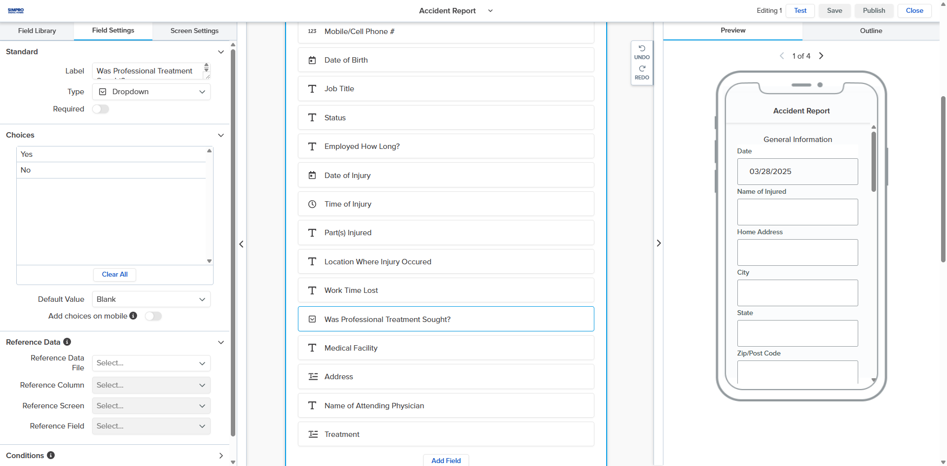 A screenshot of the settings options on a field.