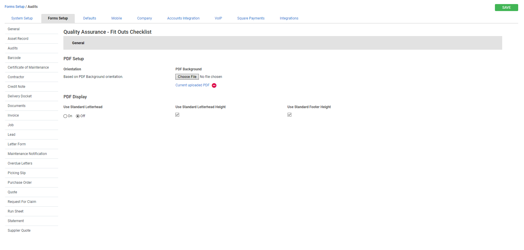 A screenshot of the Audit forms setup tab in Simpro Premium.