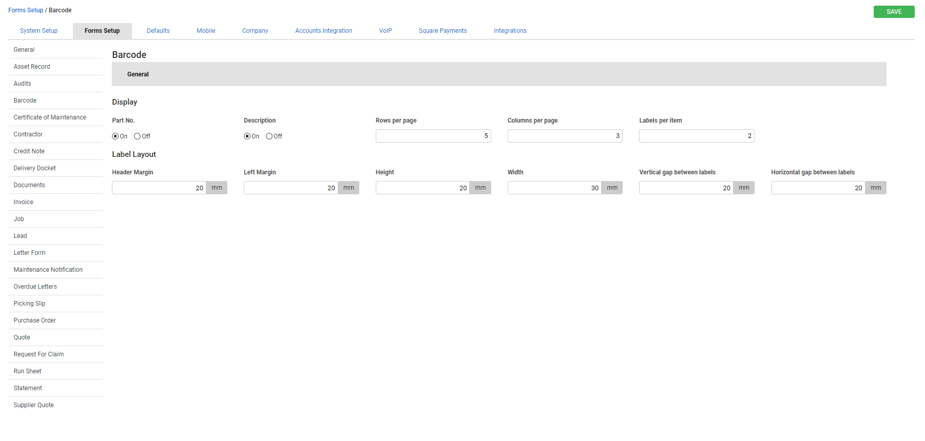 A screenshot of the Barcode Forms Setup page in Simpro Premium.