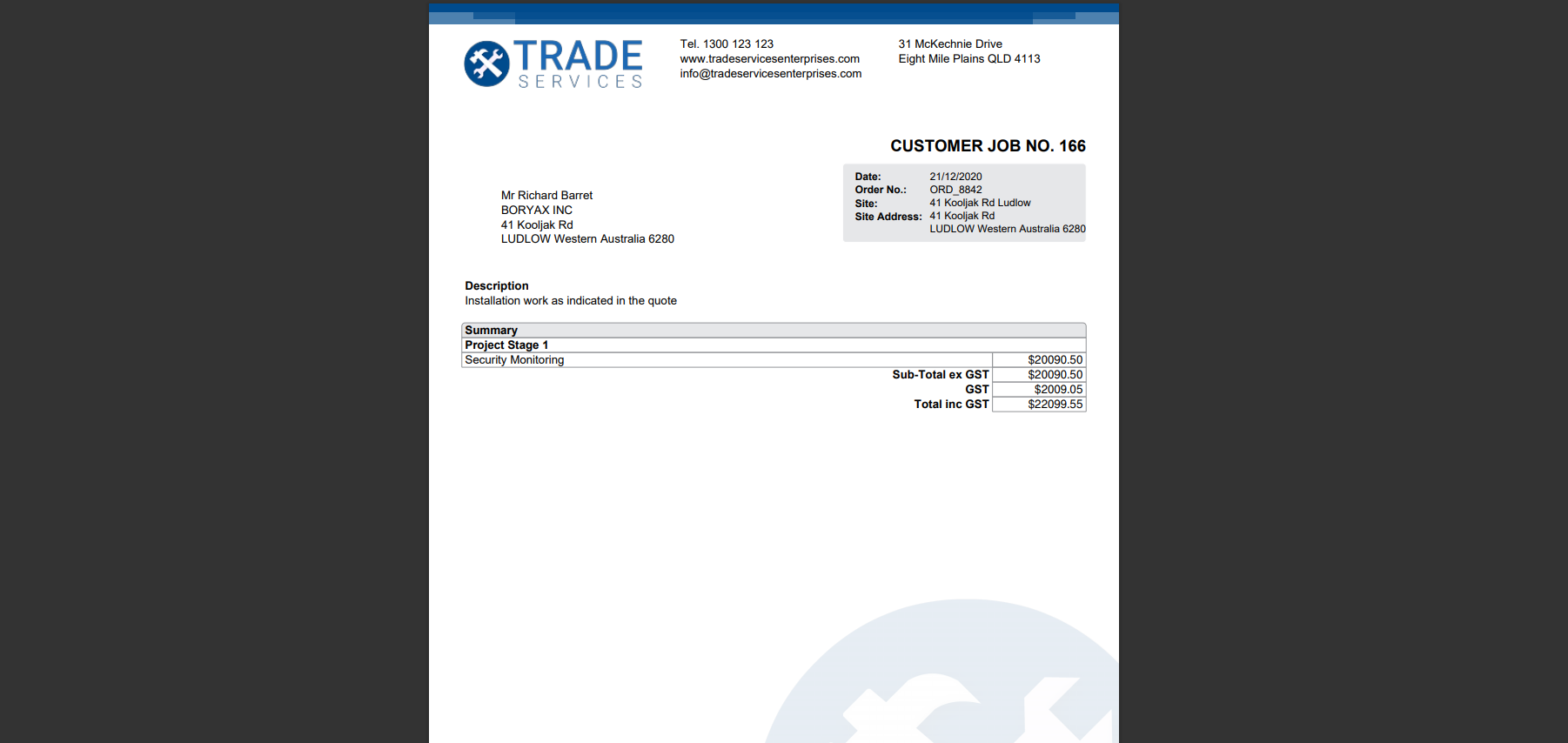 A screenshot of a description invoice form.