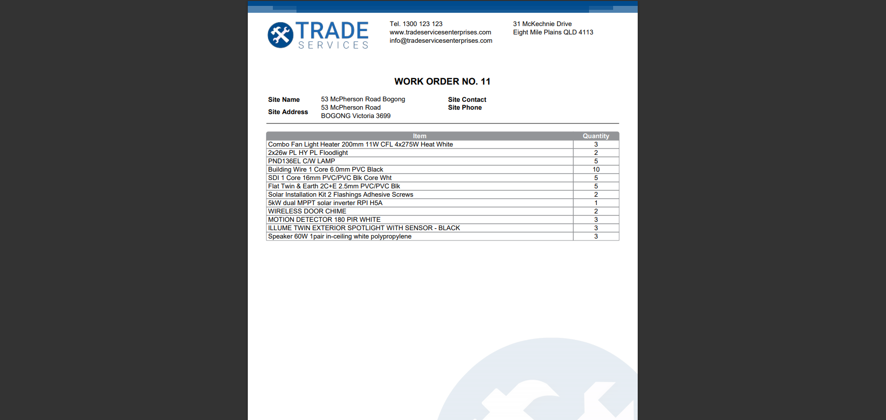 A screenshot of an example contractor work order form.