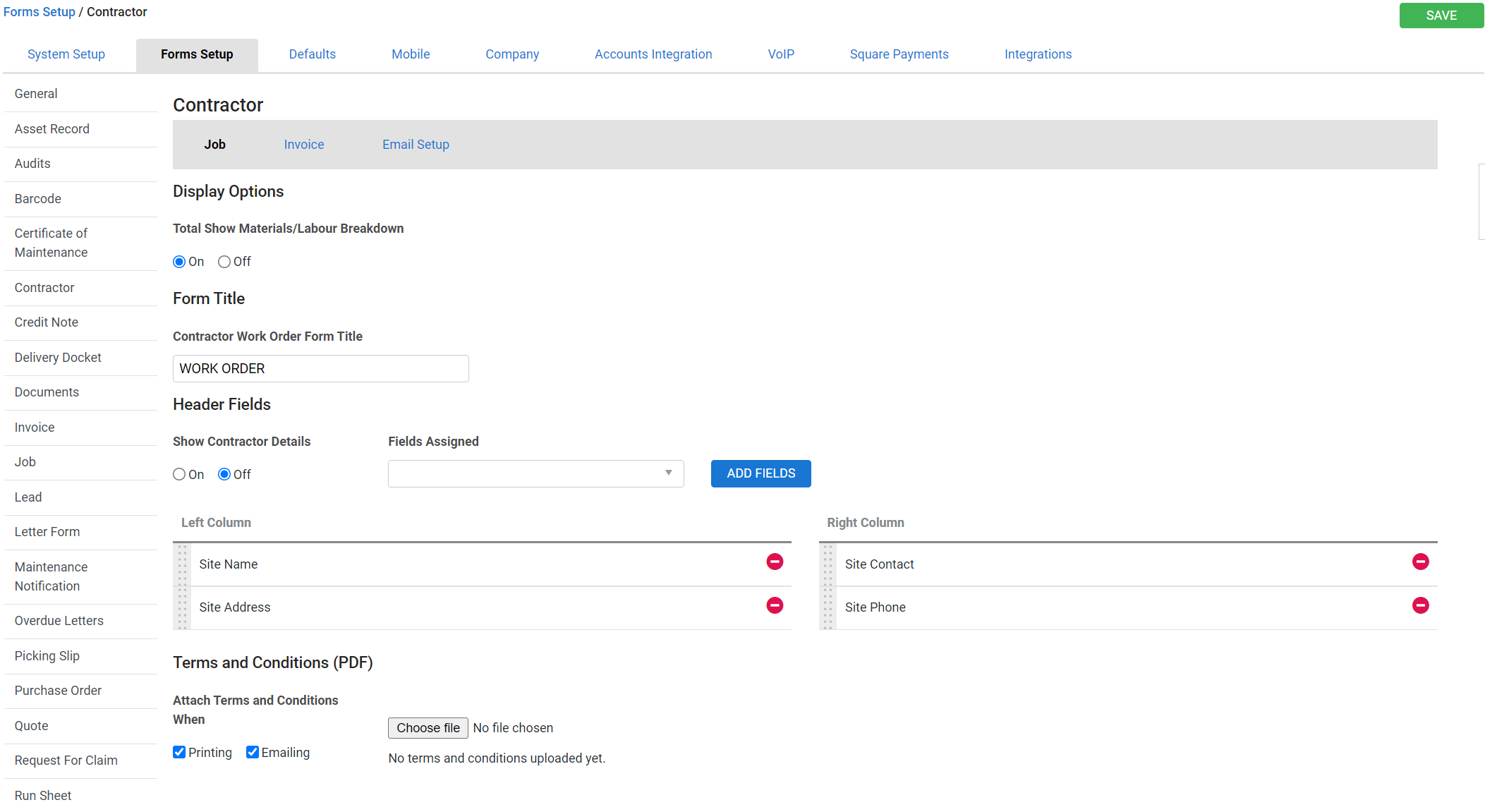 A screenshot of the contractor work order forms setup page in Simpro Premium.