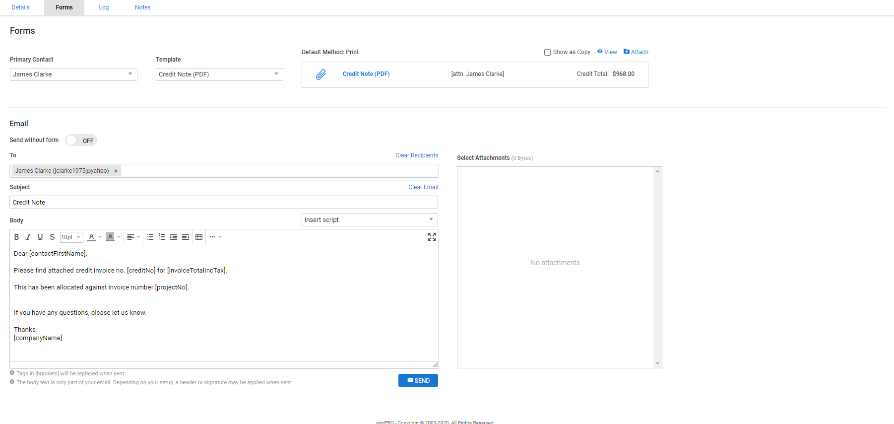 A screenshot of a credit note PDF form.