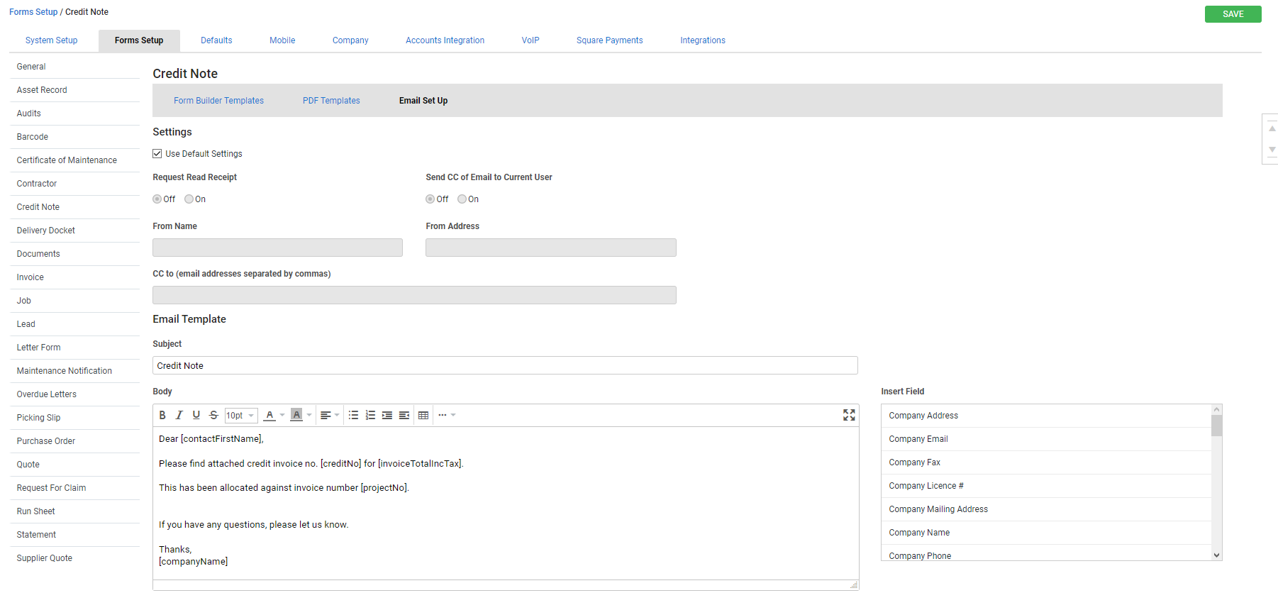 A screenshot of the credit note email settings in Simpro Premium.