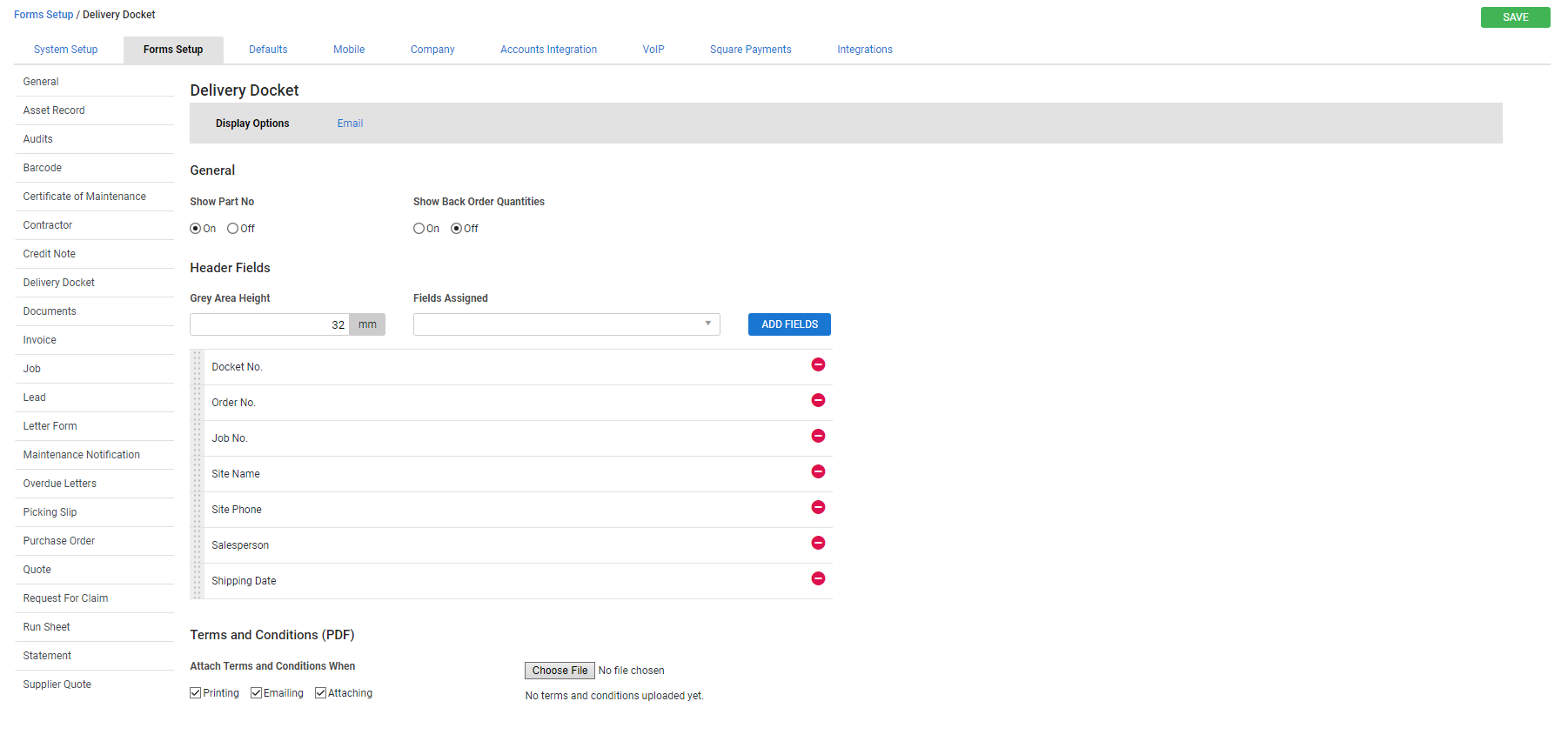 A screenshot of the delivery docket forms setup options in Simpro Premium.