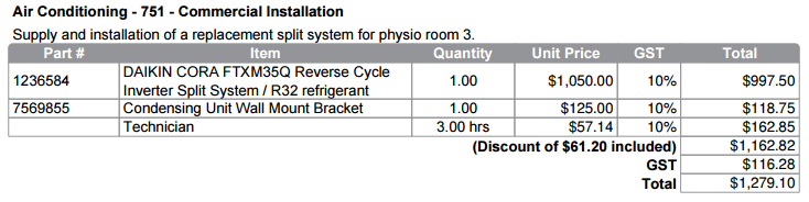 A screenshot of a cost centre table on an invoice form with a discount / fee line item.