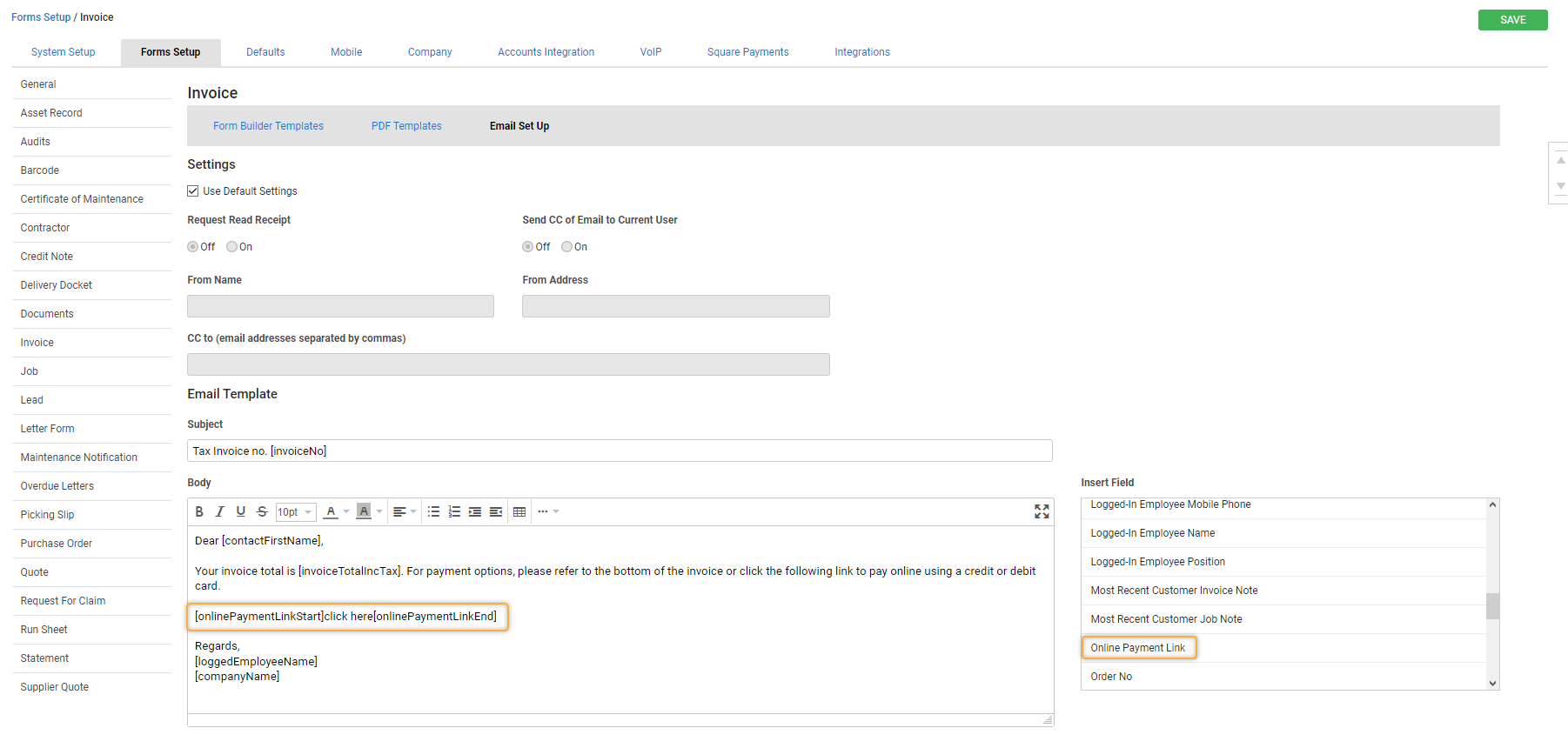 A screenshot of the email template with a Square Payments link.
