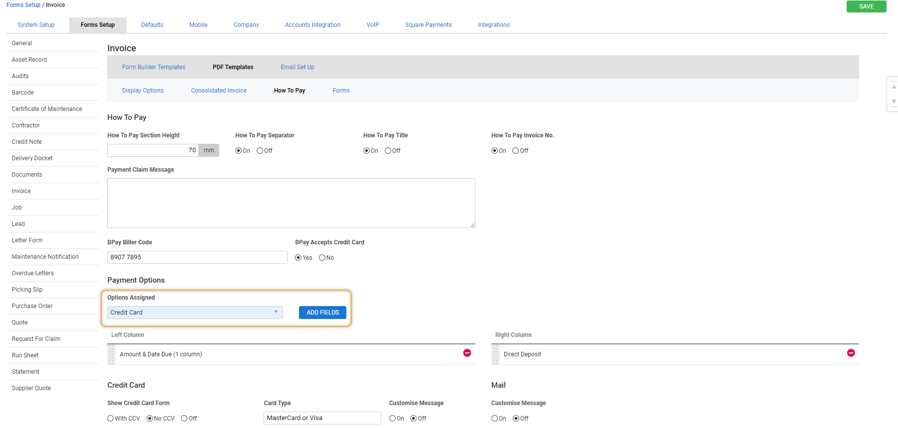 A screenshot of the Credit Card payment option in the Forms Setup.