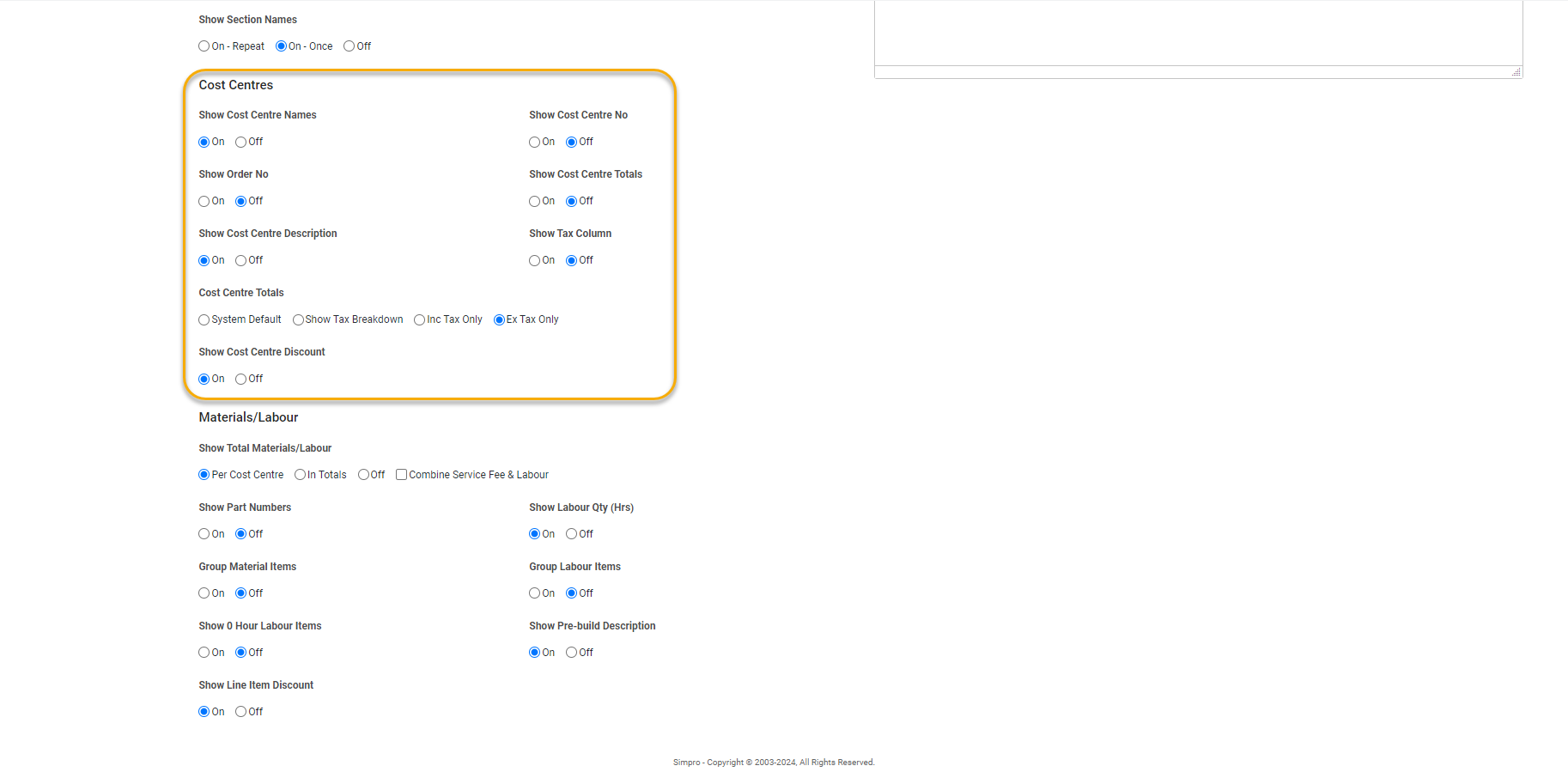 A screenshot of the invoice forms setup options for cost centres.