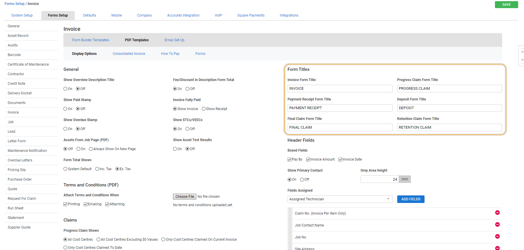 A screenshot of the different invoice type form titles.