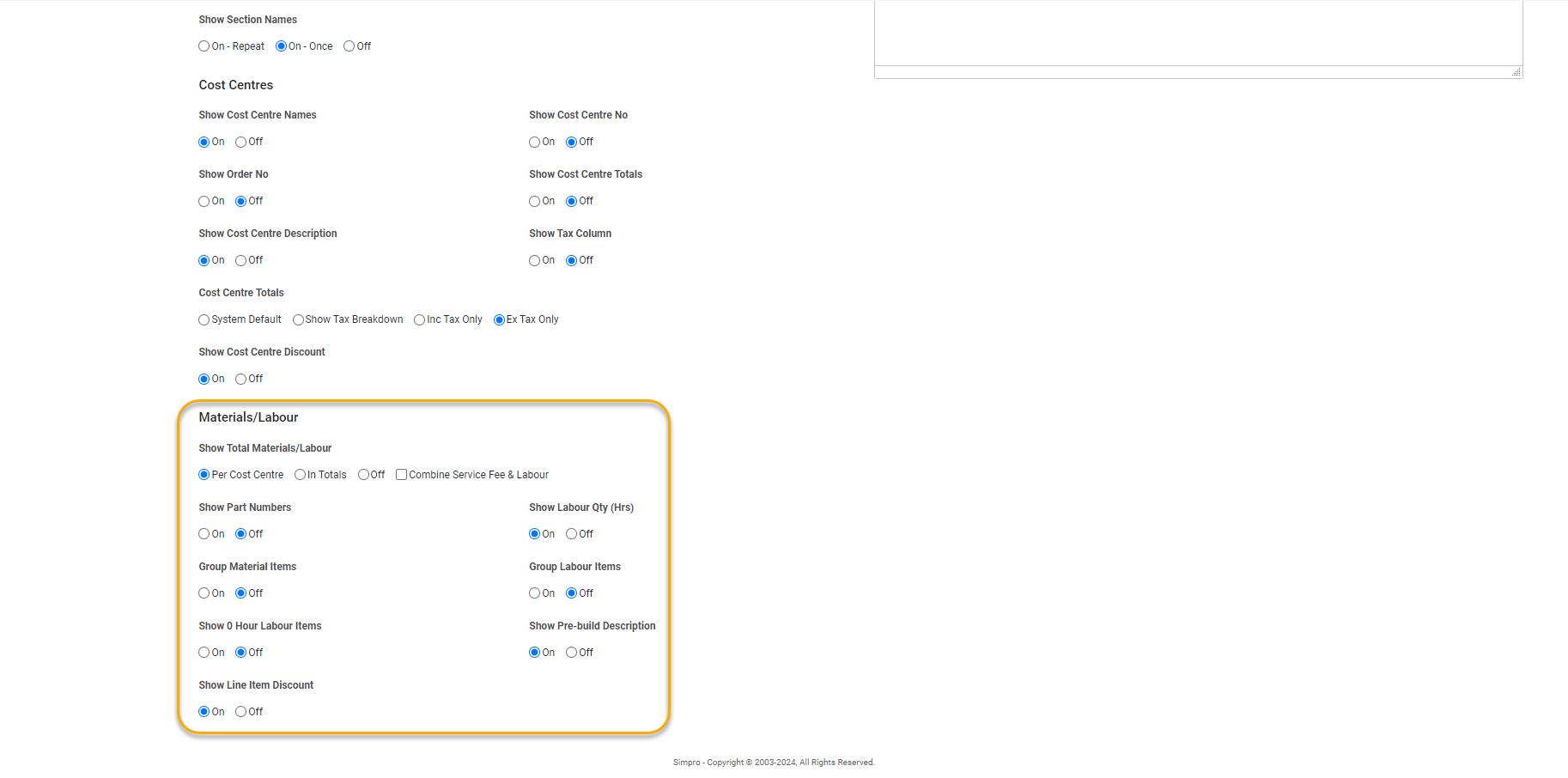 A screenshot of the layout options for materials and labour on invoice forms.
