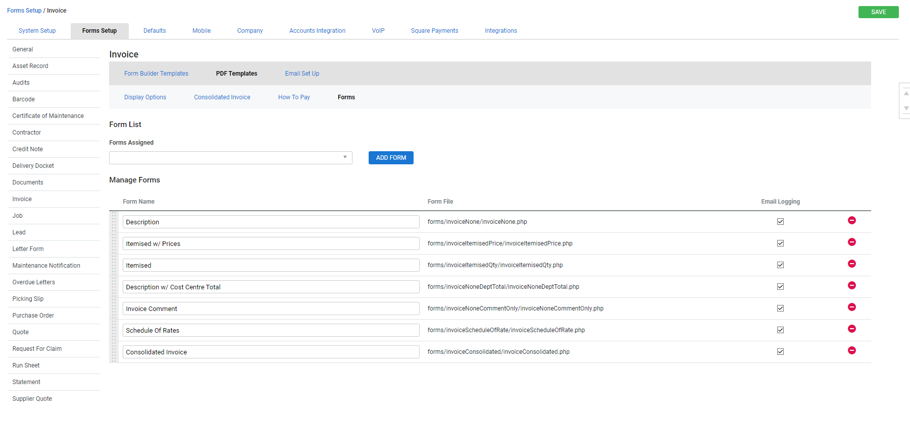 A screenshot of the Forms tab in an invoice with the available form templates.