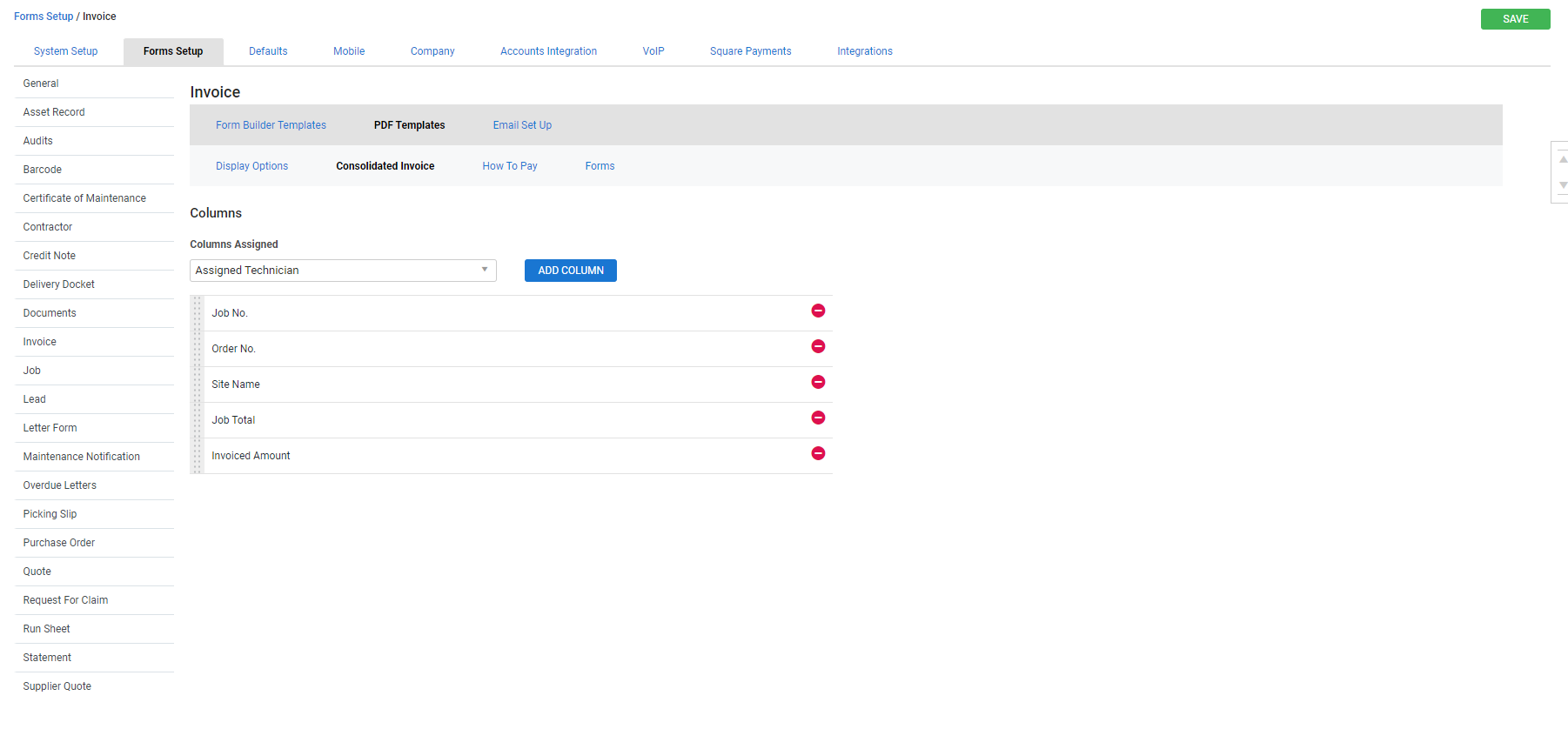 A screenshot of the consolidated invoice forms setup with a drop-down list to assign columns.