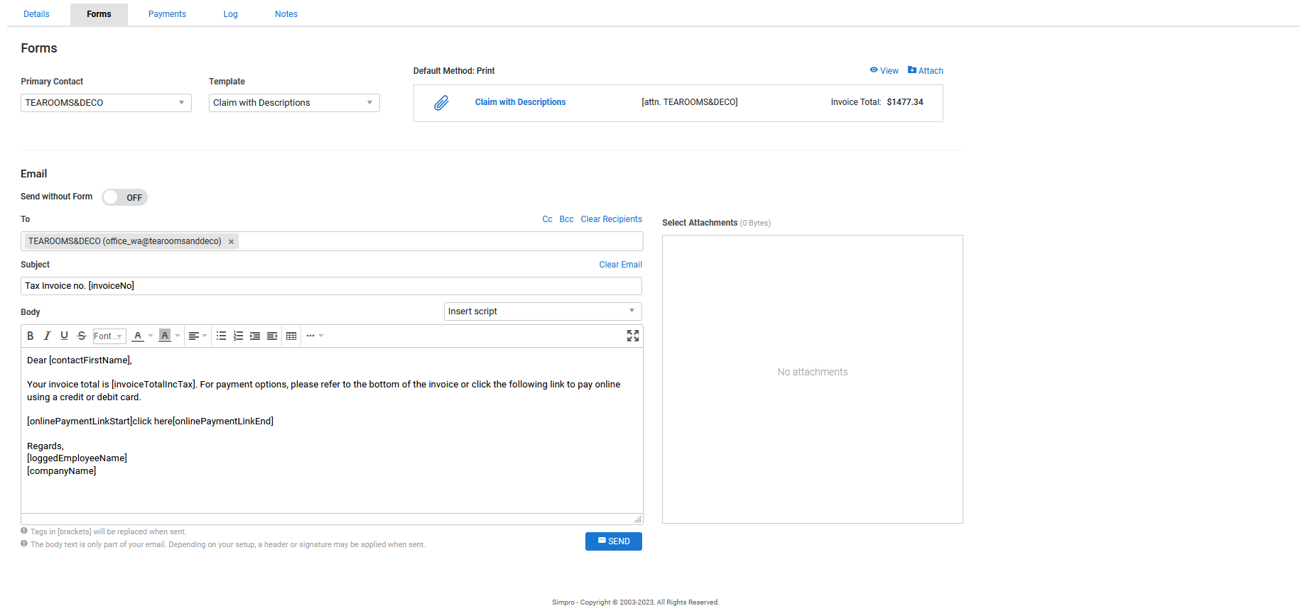 A screenshot of the Forms tab in an invoice.