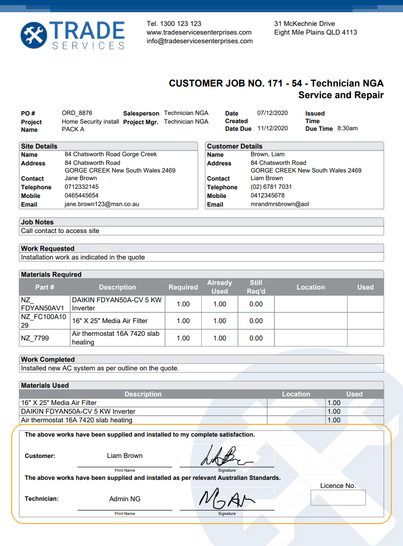 A screenshot of the sign off area in a job card.