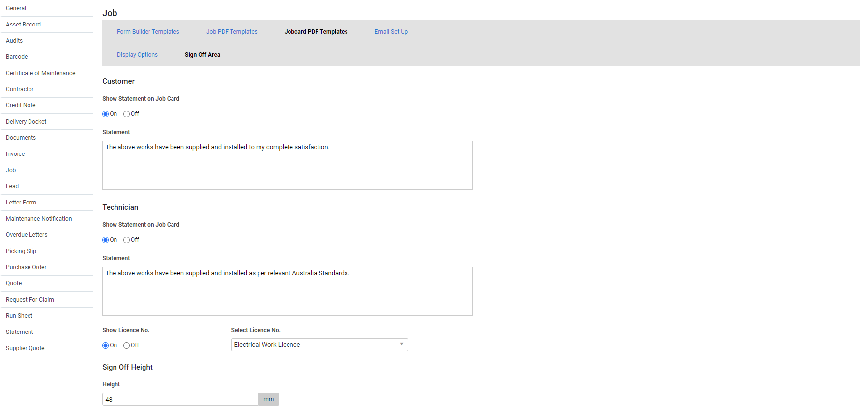 A screenshot of the setup columns for the job card detail headers.