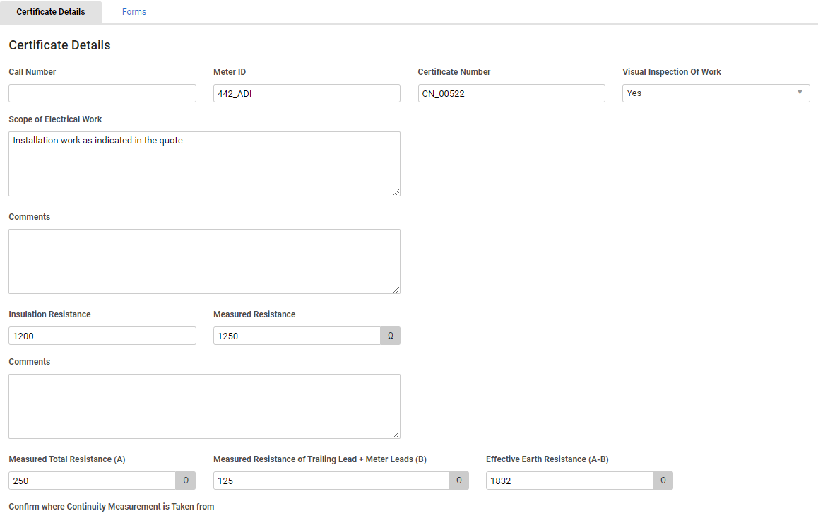 A screenshot of the advanced gas certification form.