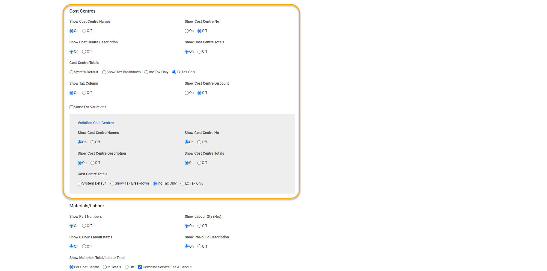 A screenshot of the display options for job form cost centres, with variation cost centre display options in a grey box.