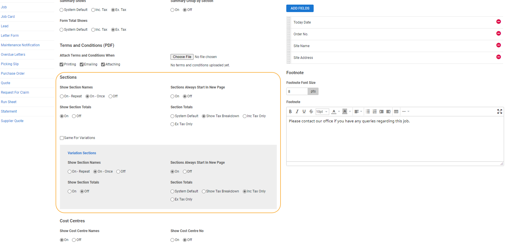 A screenshot of the sections setup options for job forms, including a grey variation settings box.