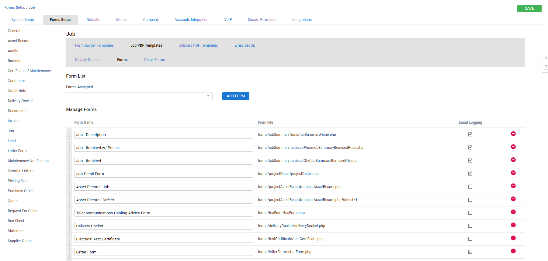 A screenshot of the available job forms in the Forms tab.
