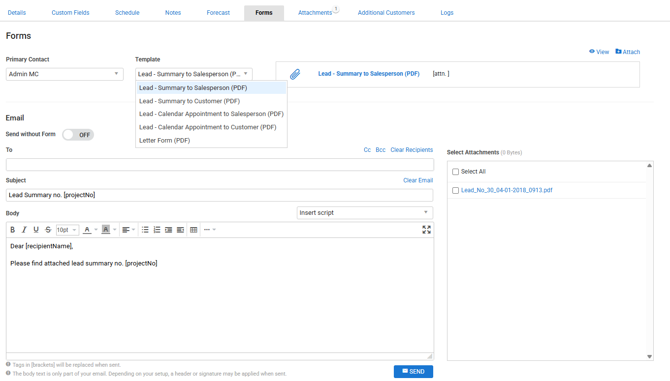 A screenshot of the Form drop-down list in a lead card file.