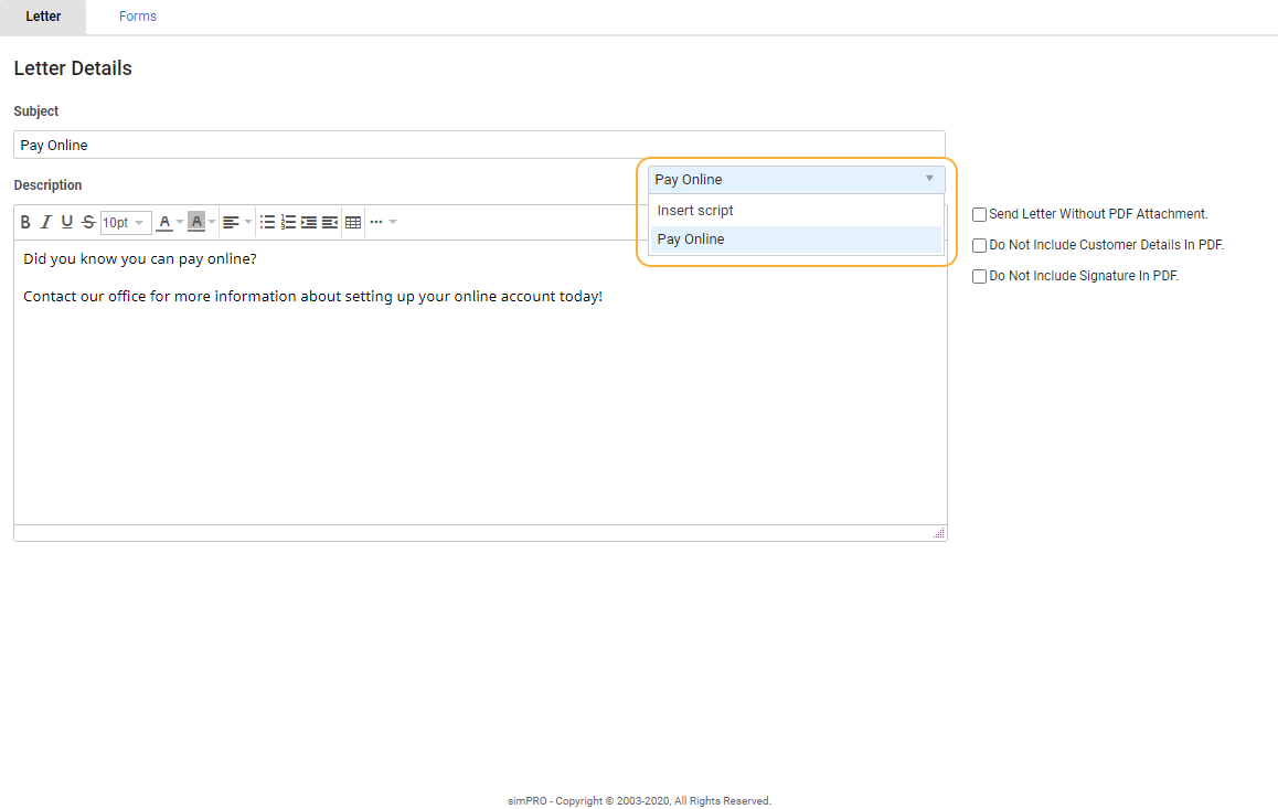 A screenshot of the letter script available to select from a drop-down list.