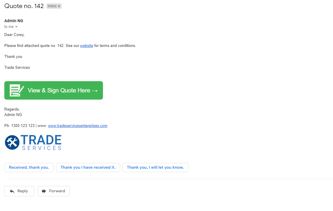 A screenshot of an online quote acceptance form in form builder.