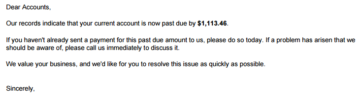 A screenshot of the default text in a PDF overdue letter.