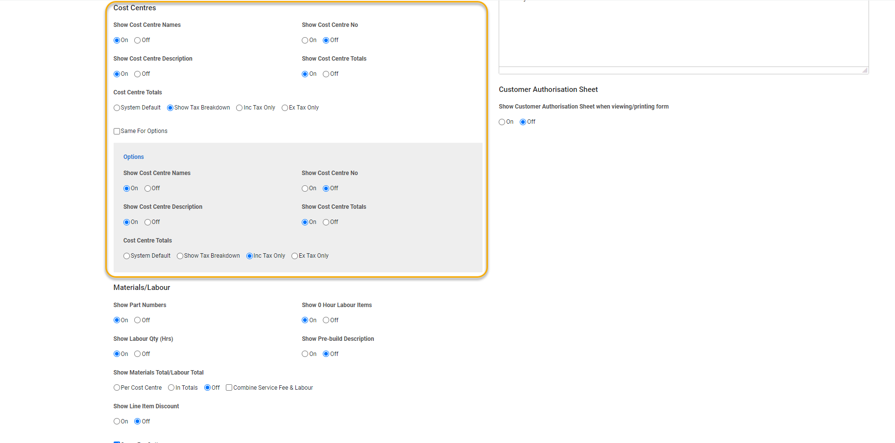 A screenshot of the cost centre setup options for quote forms.