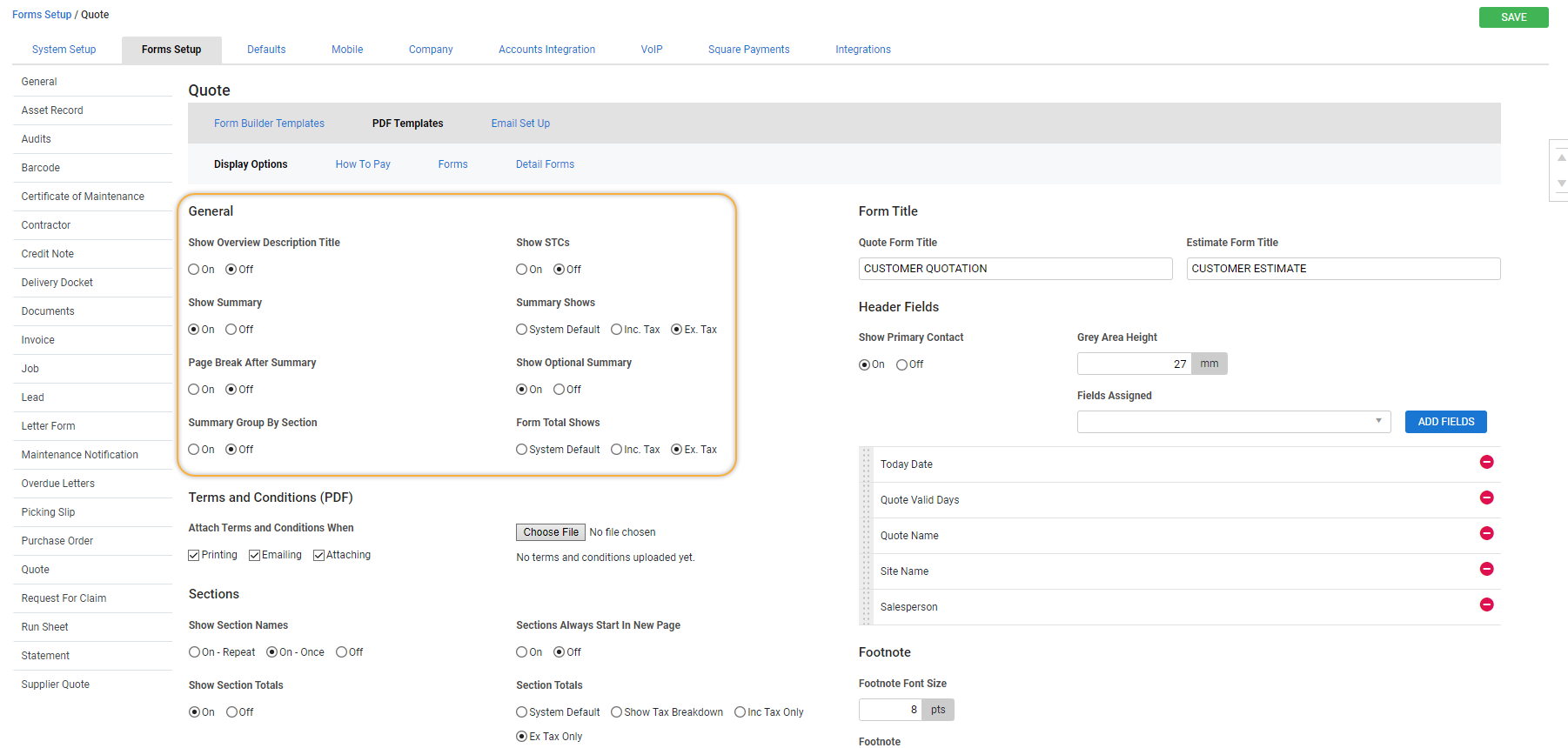 A screenshot of General forms setup for quotes.